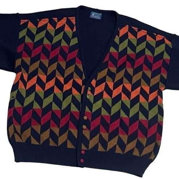 Limnos Pure New Wool Multicolor Geometric Grandpa Cardigan Cozy Cabin Men's L - Picture 3 of 7